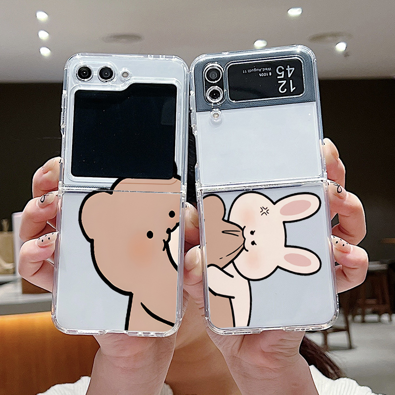 Phone Cases Z Fold 7 - Komik Tavşan Ayı Çiftli Şeffaf Telefon