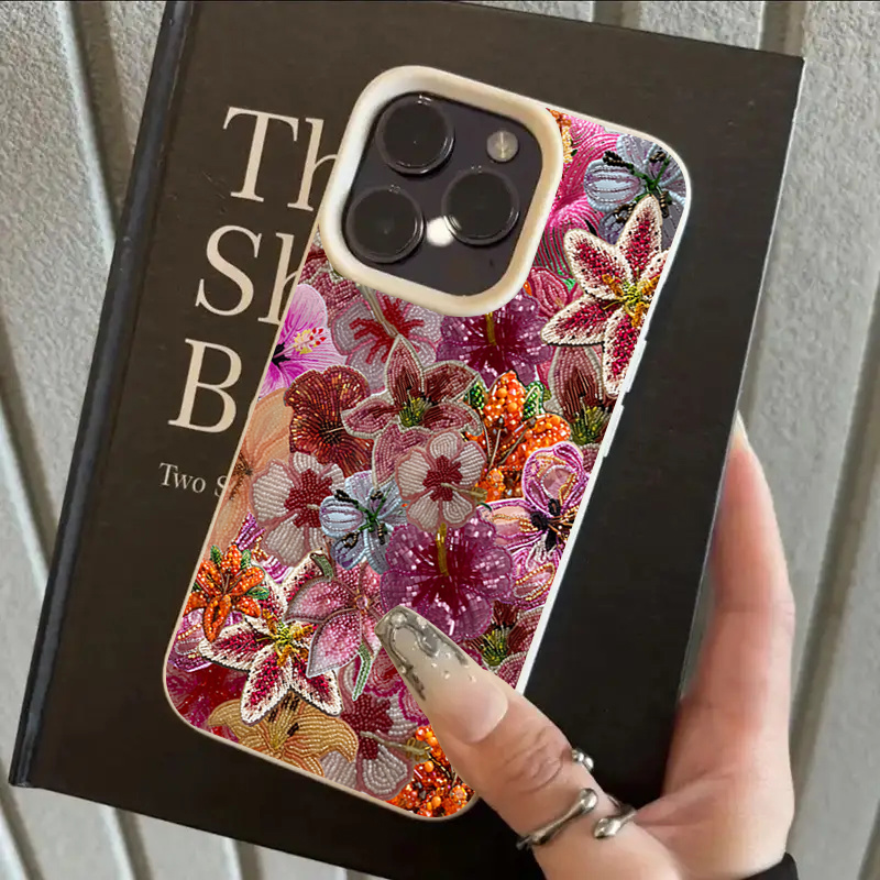 Phone Cases Blue - Lüks Boncuklu Çiçek Desenli Lychee Dokulu