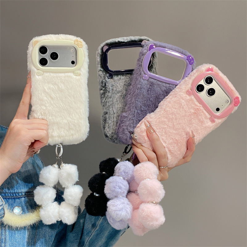 Phone Cases Iphone 16 - Lüks Düz Renkli Kürklü Peluş Telefon