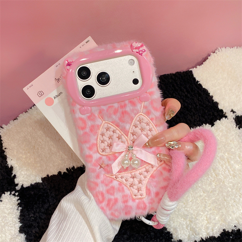 Phone Cases Iphone 16 - Lüks Leopar Desenli Bikini Desenli Peluş