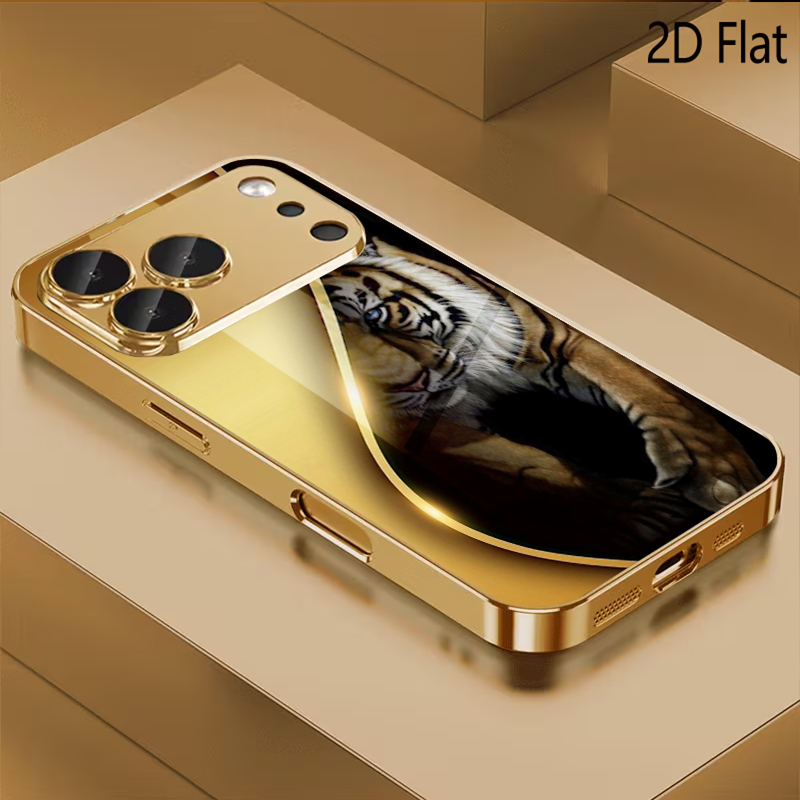 Phone Cases With Camera Cover - Altın Kaplan Desenli temperli cam tasarım
