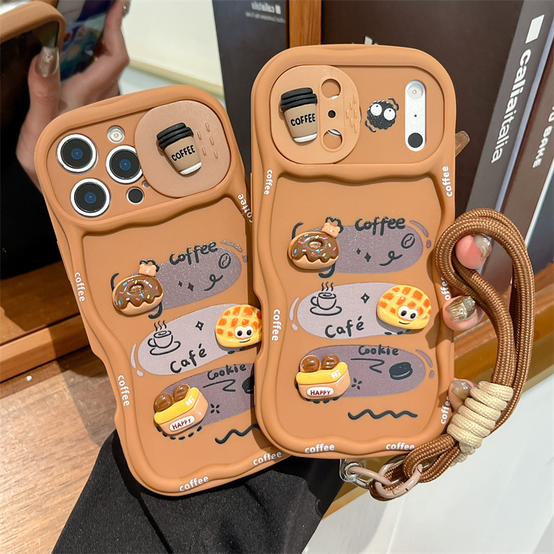 Phone Cases That Cover The Camera - 3D Karikatür Ekmek Desenli Bileklikli Dalgalı