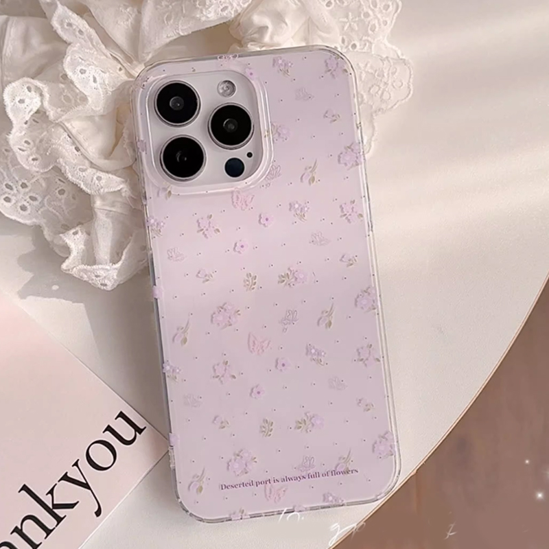 Phone Cases Purple - Kore Mor Çiçek Desenli Nazik Şifalı
